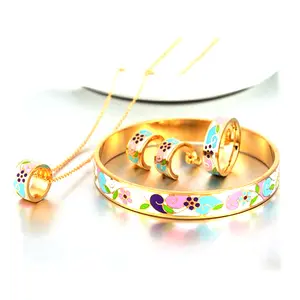 2017 Extra Gold Stainless Steel Enamel Necklace And Earrings Bangle Ring Girlfriend Birthday Gift Sets