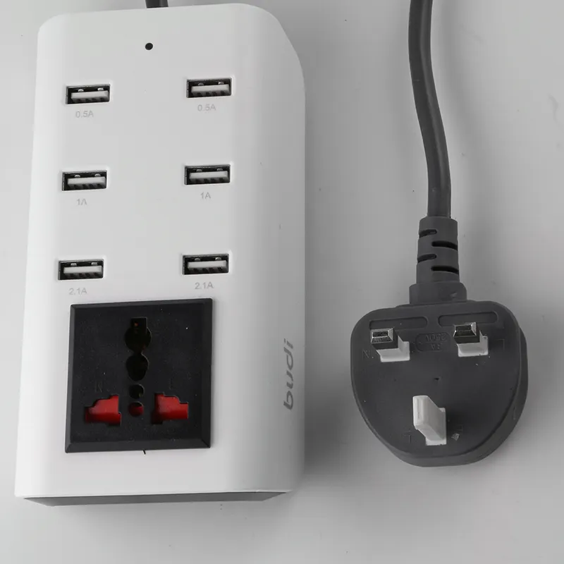 new product multi 6 port usb wall charger with 1 general socket UK plug for all smart devices from budi have stock oem odm