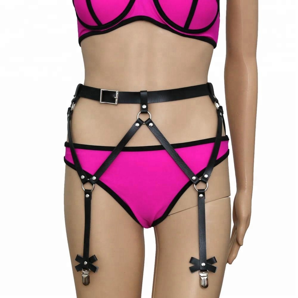 Sexy Women Men Leather Waist Garter Belt for Stockings Bow