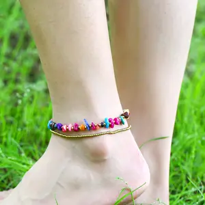 AS1007 Vintage Handmade Stone Chip Beaded Macrame Anklets for Women, Gypsy Style Boho Bohemian Ankle Bracelet Anklets for Girls