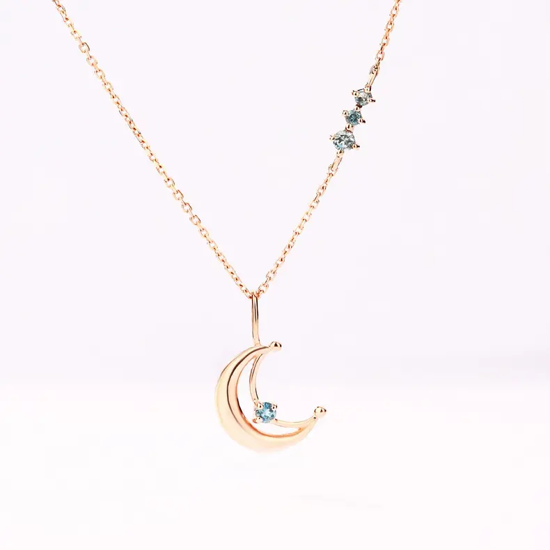Collier en or pour femme, chaîne croissant de lune en topaze, bleu londonien, bijoux en or 14k