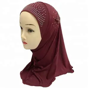 Ice Silk Soft Diamond Studded Back Tassel Embroidery Design Muslim Islamic Children Girls Full Cover Hijab Cover Head Scarf