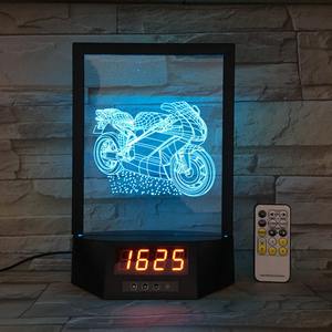 לייזר אקריליק חריטה אופנוע צורה שליטה מרחוק 3d הוביל מנורת שולחן עם שעון מעורר זמן - Product Image 5