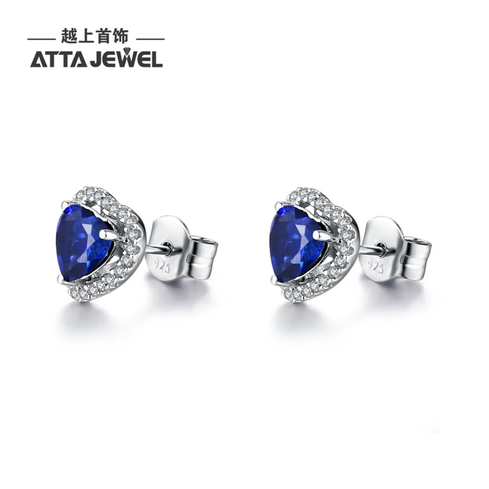 Hot Sale 925 Sterling Silver Blue Sapphire Crystal Rhinestone Heart Stud Earrings