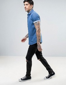 Nuova <span class=keywords><strong>Camicia</strong></span> in Denim Morbido KY per Uomo, Colletto Aperto, Abbottonatura Frontale, Manica Corta, Lavaggio Blu Medio, Vestibilità Aderente Elasticizzata - Product Image 6