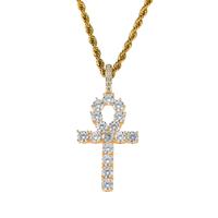 Collier pendentif croix hip-hop plaqué or CN019 avec chaîne en corde et micro-pavés de pierres CZ pour hommes et femmes