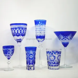 Bohemia style colored blue glass drinking tumbler glass water cup wine cup champagne flute set wholesale overlay glass handmade