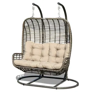 Outdoor Garten Eisen Metall hängen Wicker Doppel korb Rattan Schaukel stuhl Patio