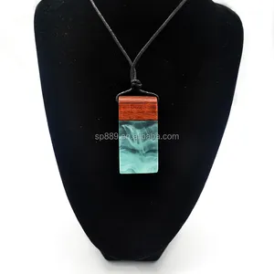 Hotsale mahogany matt resin wood pendant misty blue resin necklace handmade classical wood chains