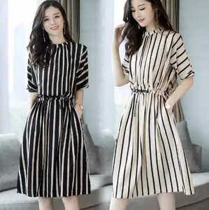 时尚设计女士服装韩国短袖条纹连衣裙雪纺女孩夏季连衣裙