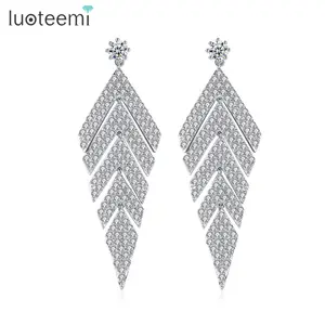 LUOTEEMI ใหม่ Clear Cubic Zirconia เรขาคณิตสวย Brinco แฟชั่นฤดูร้อนงานแต่งงานเครื่องประดับ Long Drop ต่างหูสำหรับเจ้าสาว