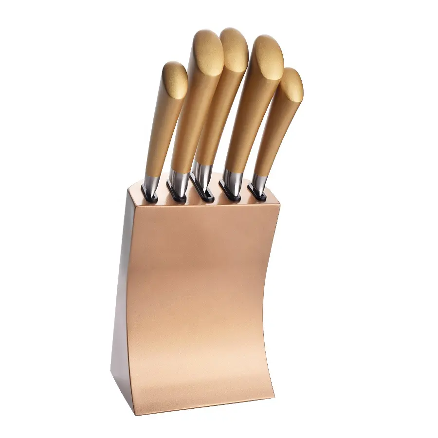 Eco-amichevole non-stick rivestimento in oro 5pcs coltelli da cucina set con blocco di legno di rivestimento