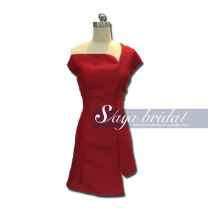 Red satin one-shoulder printed short bridesmaid dress