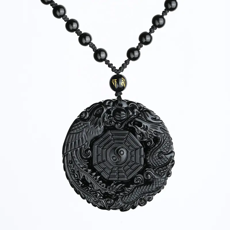 Ожерелье из черного обсидиана с подвеской в виде дракона и феникса, подвеска из натурального камня на удачу, Taiji BAGUA, бусы, кулоны, амулет, ожерелье