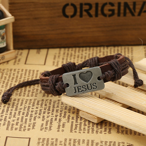 Pulsera de cuero ajustable hecha a mano con placa de logotipo personalizado 'I <span class=keywords><strong>Love</strong></span> Jesus' Accesorio de encanto de moda - Product Image 4