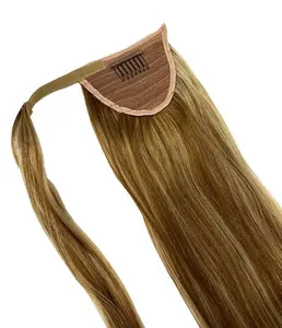 Ponytail Hair Extensions Natural Black Silky Straight With Clips Human Hair Weft