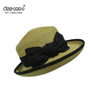 Chicas de promoción Plegable Negro Bowknot Bowler <span class=keywords><strong>Sombrero</strong></span> de <span class=keywords><strong>Paja</strong></span> - Product Image 1