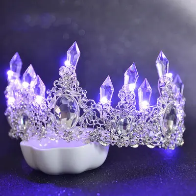 Coroa de noiva, joias com efeitos de iluminação multicoloridas para cabelo, cristal grande, acessórios de casamento
