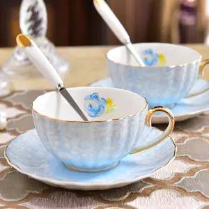 Wedding decoration ceramic light blue cups and saucer sets porcelain tea cups for restaurant