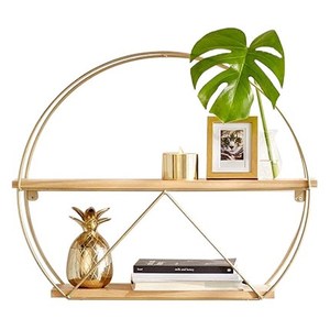 Estante <span class=keywords><strong>de</strong></span> Pared Redondo Decorativo Moderno <span class=keywords><strong>de</strong></span> Diseño Nórdico Simple, <span class=keywords><strong>de</strong></span> Alambre <span class=keywords><strong>de</strong></span> Metal Dorado y <span class=keywords><strong>Madera</strong></span> Maciza para Almacenamiento - Product Image 1
