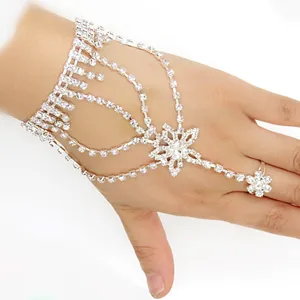 批发豪华铺路水晶花形状网格合金设计新娘首饰异国情调印度手指环手镯