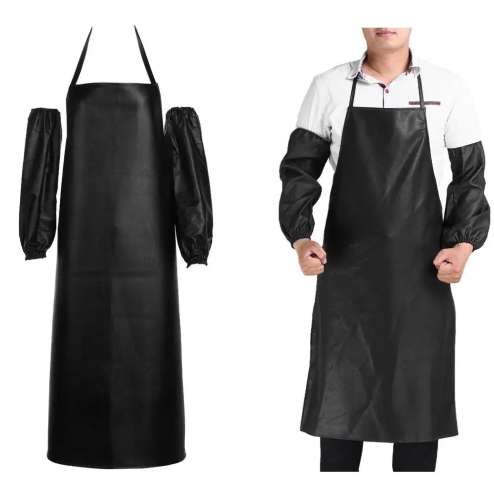 Delantal personalizado de trabajo de cuero PU de fábrica BSCI, delantal de cocina de cuero impermeable con manga larga, delantal de cuero negro