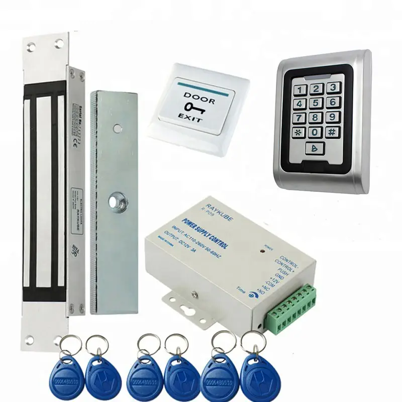Elektrikli manyetik kilit 180KG/280KG erişim kontrol sistemi seti + Metal FRID tuş takımı + çıkış düğmesi + RFID anahtar Fobs