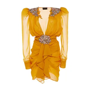 Ladies Chiffon Dress V-neck Women Sexy Party Yellow Mini Dress