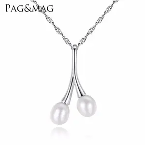 Pag & mag colar de prata esterlina, pingente em forma de grama fofo branco e barato para montagem de duas pérolas naturais para noivado de mulheres