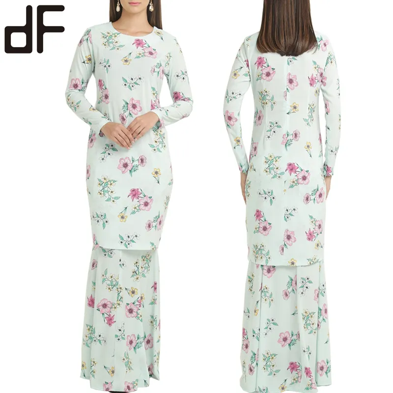 Most Beautiful Long Sleeve Crew Neck Moden Muslim Malaysia Women Clothing Flowers Printed Cotton Baju Kurung Batik