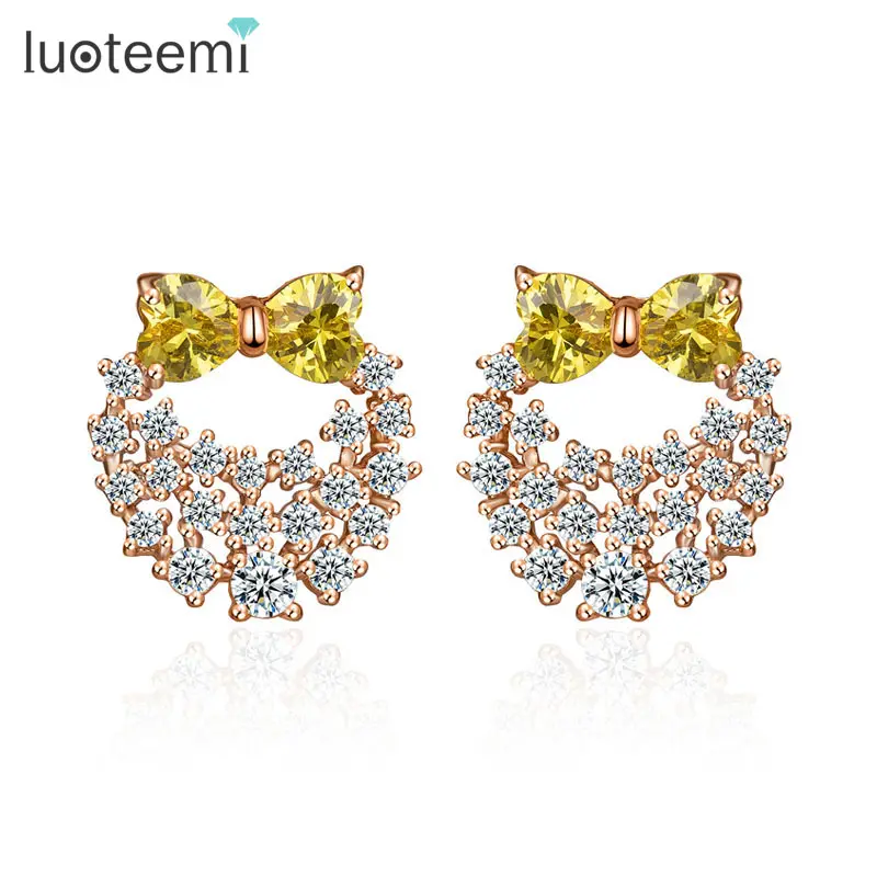 LUOTEEMI Wholesale Fashion New Korean Design Rose Gold Plated Women Stylish Girls Quality Bow Stud Earrings