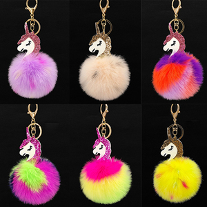 Yongze cara pompom llavero unicornio mullido Faux fur puff bola colorida bola peluda unicornio llavero - Product Image 5
