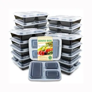 Wadah persiapan makanan 3 kompartemen dengan tutup penyimpanan makanan kotak makan siang Bento bebas BPA dapat digunakan kembali pencuci piring Microwave aman