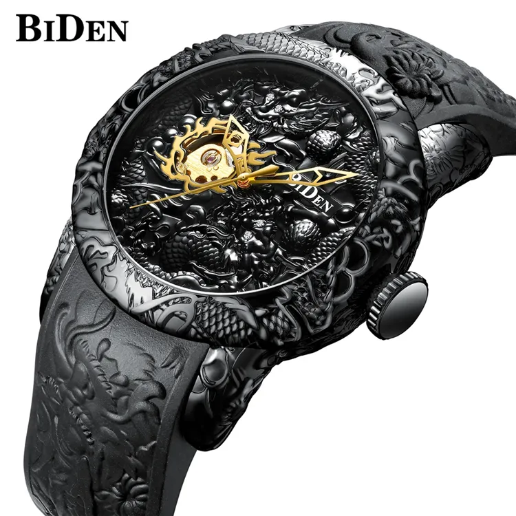 BIDEN 0129 фирменное наименование 2 стимпанк серии Черный Дракон скелет часы с силиконовым ремешком Мужские механические часы из водонепроницаемого материала