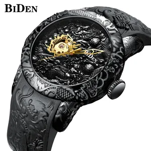 BIDEN 0129 2 Merek Steampunk Seri Naga Hitam Skeleton Jam Tali Silikon Pria Mekanis Jam Tangan Tahan Air