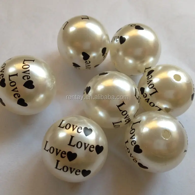 Newly Listed Wholesale Bulk Loose Round 16MM Pearl Color Printed LOVE Plastic Chunky Acrylic Fashion Pearl Beads