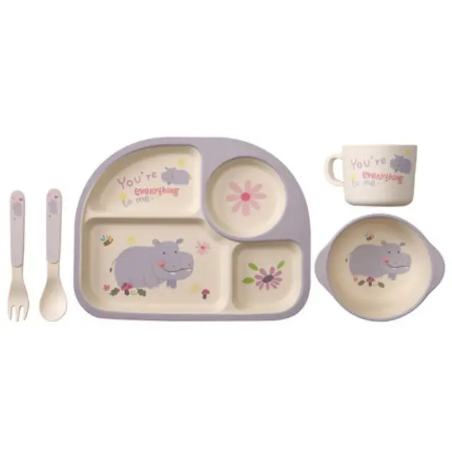 Cute cartoon eco friendly bamboo fiber plastic baby kids food bowl set