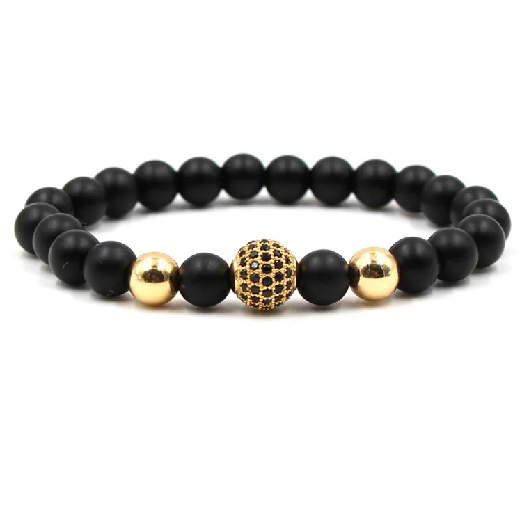 Fashion Gold CZ Ball Men Bracelet Natural Stone Matte Beads Charm Bracelets Jewelry (KB8048)