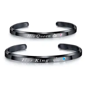 Valentine Gift Stainless Steel Cuff Bangle Bracelet Engraved His Queen Her King Inspirational Love Bracelets Bangles