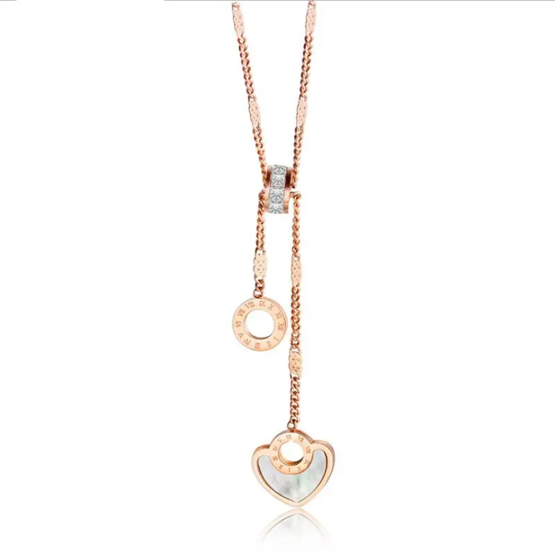 Korean 18 K Rose Gold White Shell Roman Circle LadyのHeart Clavicle Chain Necklace