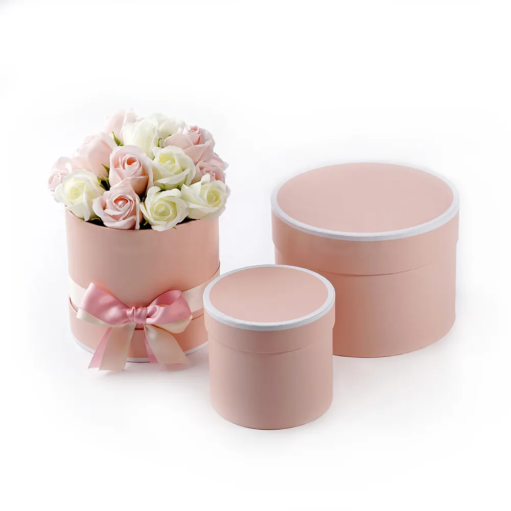 China Custom Pink Round Paper Floral Rose Box With Ribbon Rose Gold Cylinder Flower Packaging Gift Box