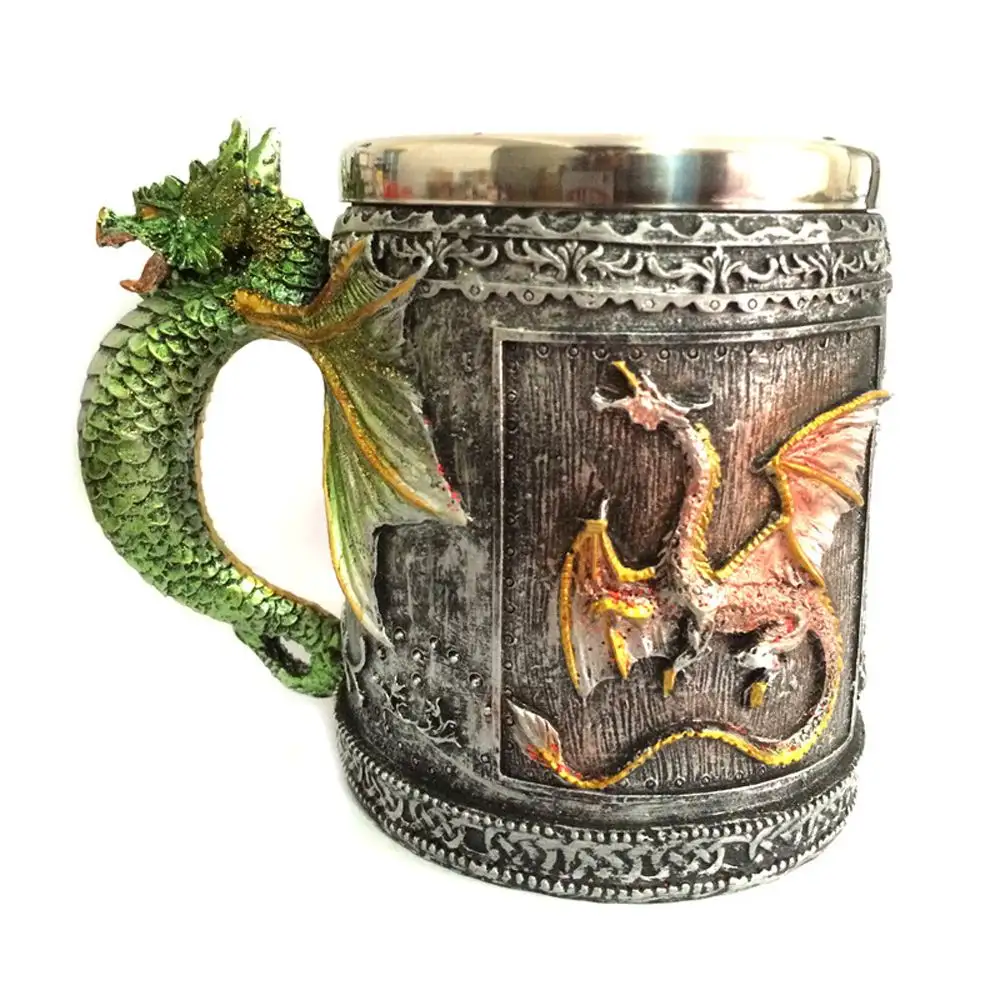 Tazas de resina de acero inoxidable con diseño de Dragón Volador, taza para beber, Tankard, lomo de dragón 3D, café Vintage Medieval, regalo de cumpleaños