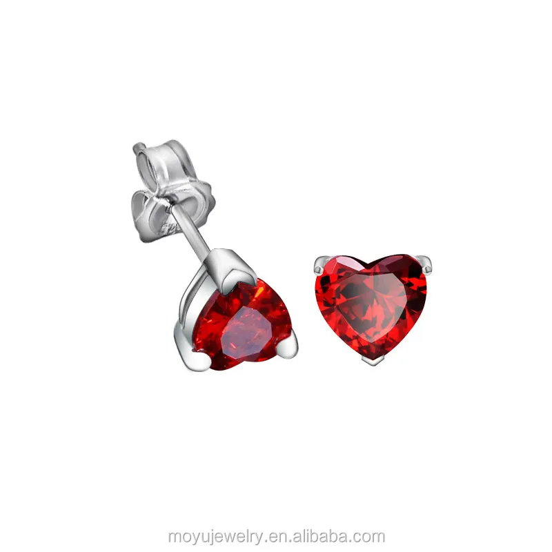 Hot selling 925 Sterling Silver party red white zircon diamond heart shape stud earrings for women