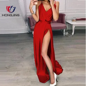 Robe de soirée sexy pour femmes, robe dos nu, bretelles Spaghetti et col en v, fente sur les cuisses, fermeture à l'arrière, robe de mariage, robe de bal, de cocktail