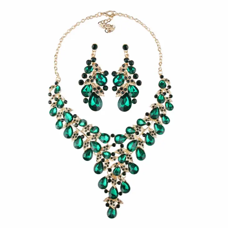 custom handmade necklace and earring wedding bride cubic zirconia jewelry crystals set green