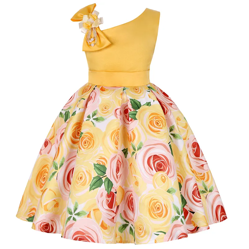 Hot style girl's dress floral print shoulder baby frock children's party dress children's flower girl dresses