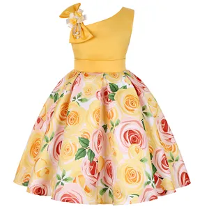 Hot Stijl Meisje Jurk Bloemenprint Schouder Baby Japon Kinderen Party Jurk Kinderen Bloem Meisje Jurken