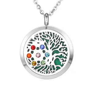 Latest 30mm rhinestones stainless steel essential oil diffuser locket pendant tree of life diffuser necklace