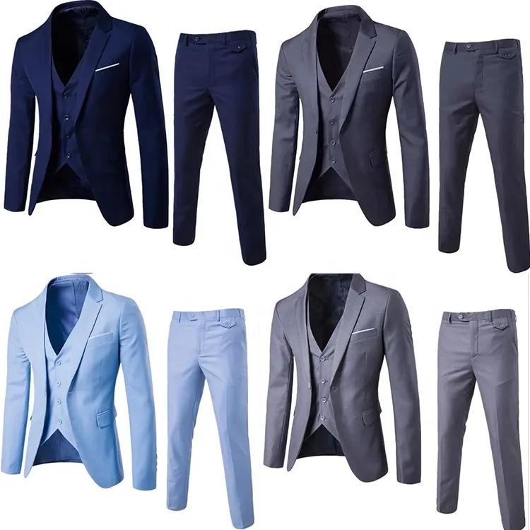 New pant coat design photo 100%wool notch lapel business suit man casual custom 3 pieces slim fit suits blue