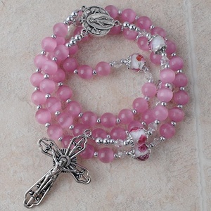 8mm Roze Kat Ogen Kraal met 8*10mm Azuurblauwe Kraal met Rose Patroon Onze Vader Kralen religieuze Heilige Rozenkrans Ketting op Draad